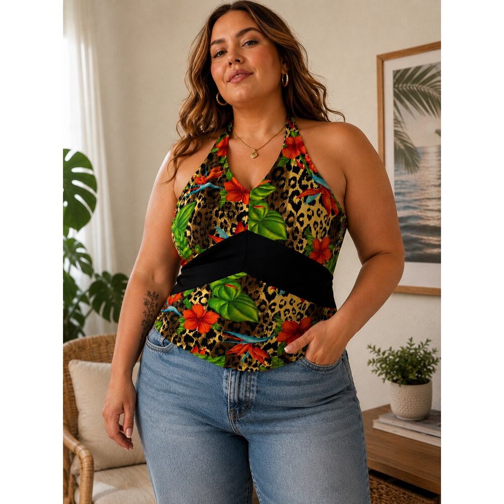 Y2K Leopard Tropical Halter Top Size 16